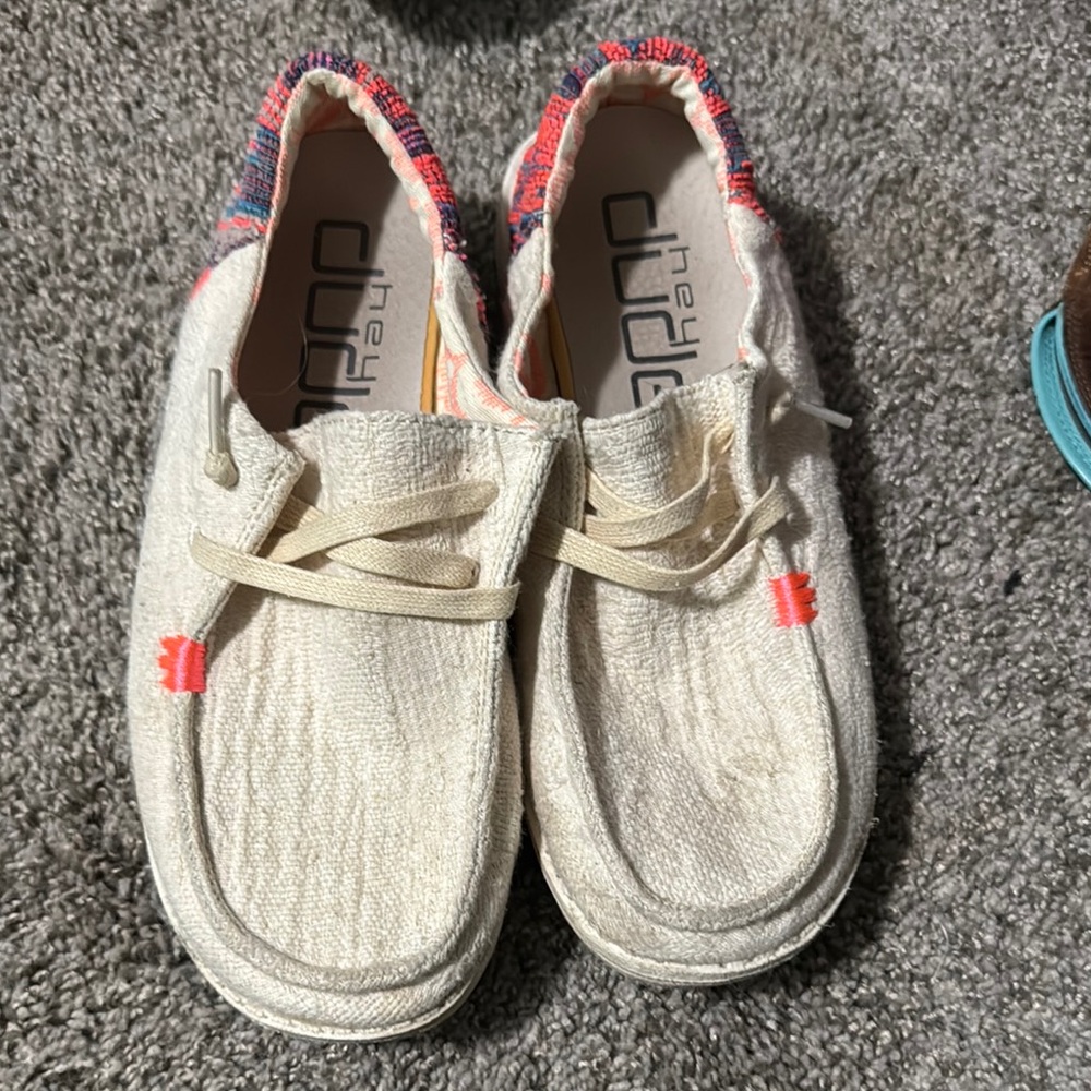 Hey Dude Cream and Pink Moccasins with Textured Fabric